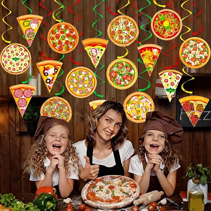 22pcs Pizza Party Hanging Swirls Pizza Party Decorations Pizza Party Time Hanging Decor Pizza Themed Ceiling Streamers for Fast Food Baby Shower Supplies