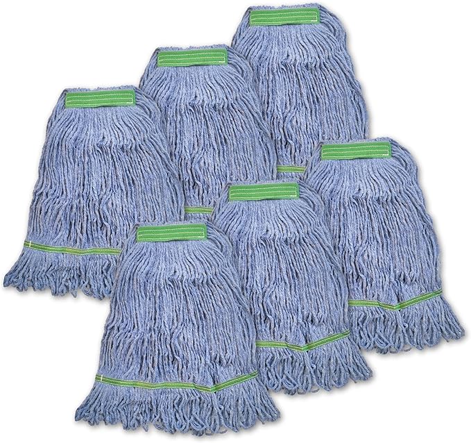 Super Clean Planet Heavy Duty Mop Head Refill (6-Pack) – Industrial Blue Cotton, Looped-End Wet Mop Heads for General, Commercial, Janitorial & Floor Cleaning