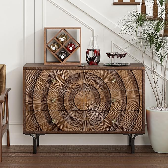Farmhouse 6-Drawer Dresser, Accent Wooden Chest of Drawers with Circle Pattern and Radioactive Wood Lines,Accent Storage Dresser for Living Room, Bedroom, Brown