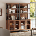 WAMPAT 2 PCS Modern 72" Tall Bookcases with Glass Doors and Adjustable Shelves, Library Book Shelf with Storage Cabinet and Open Book Shelfs, Wood Bookshelves for Home Office, Living Room, Brown