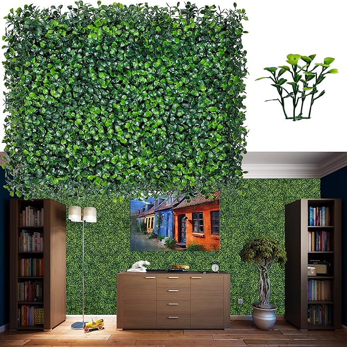 Artificial Grass Wall Backdrop Panels,16 X 12 in 24P(32 sqft) UV-Anti Greenery Boxwood Panels for Indoor Outdoor Green Wall Decor & Ivy Fence Covering Privacy
