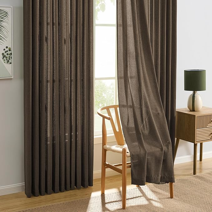 Brown Pleated Linen Curtains 45 Inches Long Farmhouse Semi Sheer Memory Trained Shape Pinch Pleat Drapes with Hooks Back Tab Ripple Fold Curtain for Bedroom Living Room 42x45