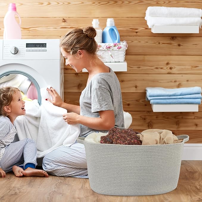 Large Rectangle Blankets Basket Living Room 22"x17"x12" Woven Cotton Rope Storage Baskets for Nursery Toy Baskets for Kids and Dogs Laundry Basket Bin for Clothes Towels grey