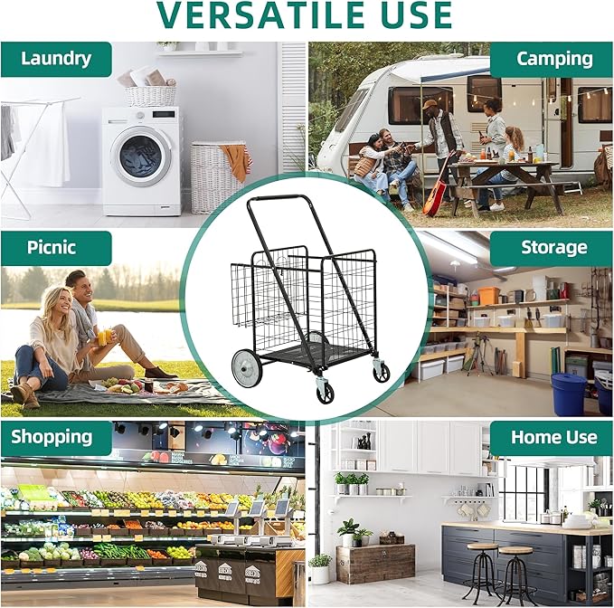 YITAHOME Heavy-Duty Jumbo Folding Shopping Cart with Wheels, Super Large Double Basket Grocery Cart, Collapsible Utility Cart for Shopping, Groceries, Laundry & Storage (Portable & Sturdy)