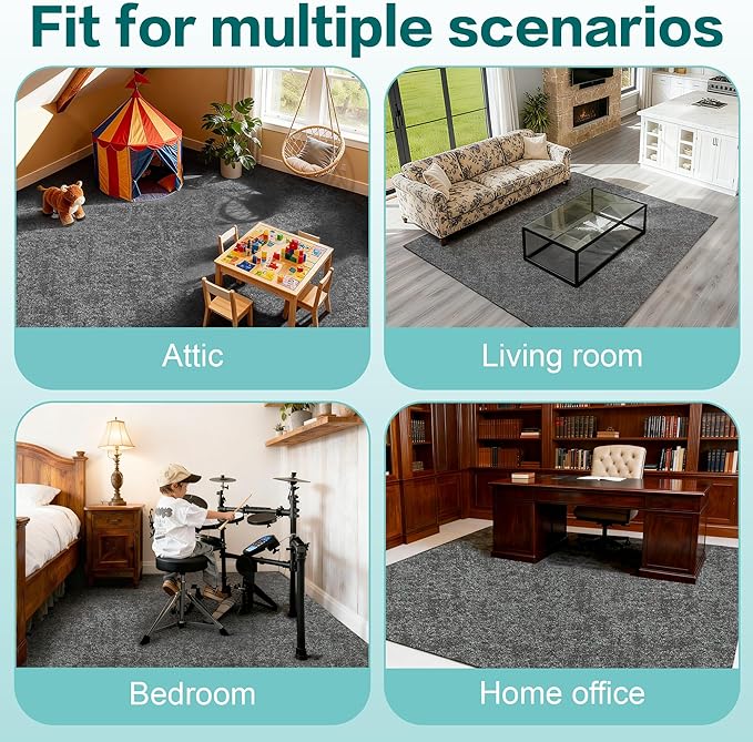 jxgzyy Soft Carpet Tiles 20×20 Inch, 0.38'' Padded Carpet Squares, Non-Adhesive Carpet Flooring with Textured Silicone Back, Easy DIY Cushioning Tiles for Under Furniture, 4 Pcs/10.8 Sqft