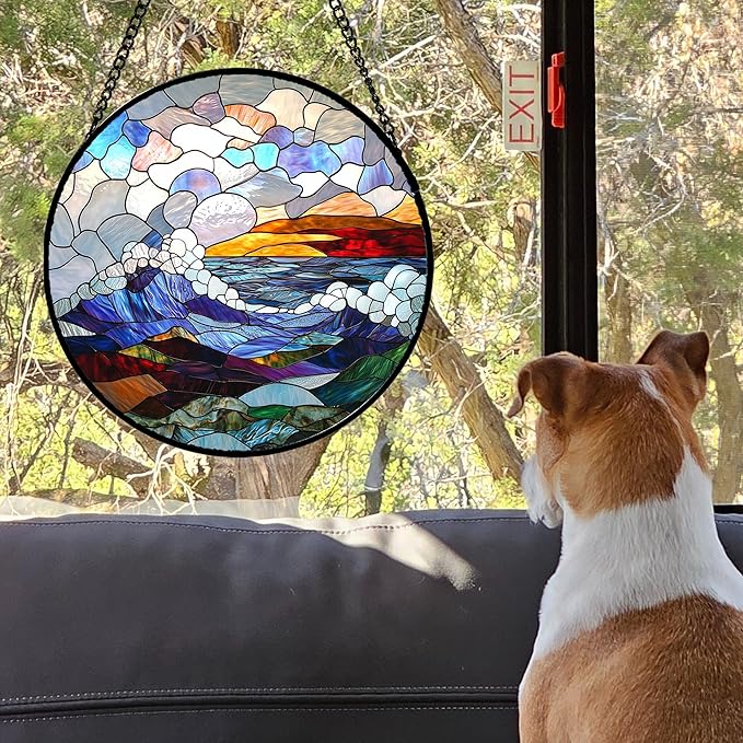 Stained Glass Window Hanging, Abstract Colorful Ocean Waves Landscape Suncatcher for Doors Window Home Sun Catchers Decor Mother's Day Birthday Gifts for Women, Men Mom 9.8 in