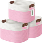 Cotton Rope Basket, Storage Baskets with Handle, 15x10x9 Inch Woven Basket for Shelves, Laundry, Towels, Clothes, Books (White/Pink 3Pack)