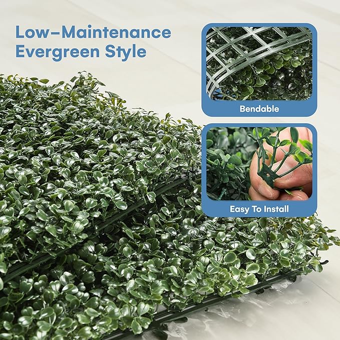 Grass Wall Panels 20″ × 20″ (6 Pack) – UV-Protected Artificial Boxwood Hedge Greenery Backdrop Covers 16.66 sq ft, Indoor/Outdoor Privacy Fence Screen, Zip Ties & Spare Leaves Included