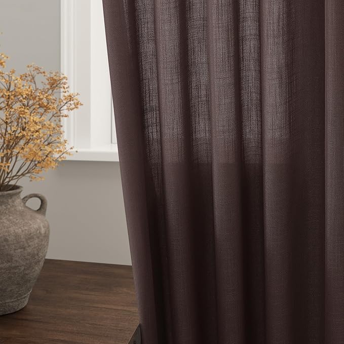 Nanspring Linen Curtains for Bedroom Back Tab Light Filtering Privacy Semi Sheer Drapes Modern Farmhouse Decor Linen Textured Gauze Curtain for Living Room Bathroom 2 Panels Set Coffee 52x72