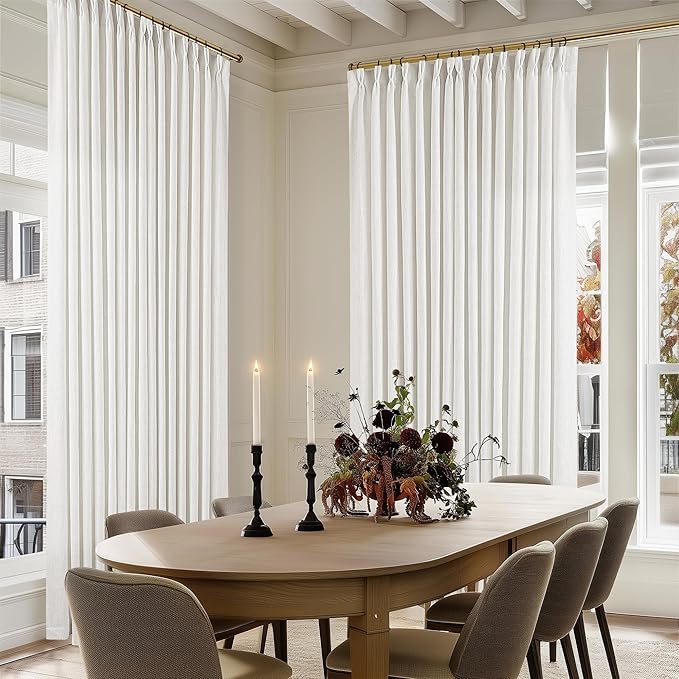 Beige White Pinch Pleated Extra Wide Curtain Panels 108 Inches Long 100 Inch Wide Linen Curtain for Sliding Glass Door Semi Sheer Hooks Rings Privacy 108 Inch Length Drape for Living Room 1 Panel
