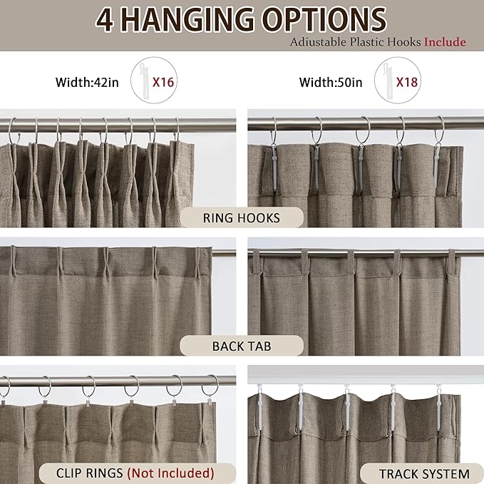 Linen Khaki Sheer Curtains 102 Inches Long, Back Tab with Hooks, Pinch Pleated Drapes for Patio Sliding Glass Door, Bedroom Privacy Textured Curtain Panels for Dining Room 2 PCs, 42 Inch Winde