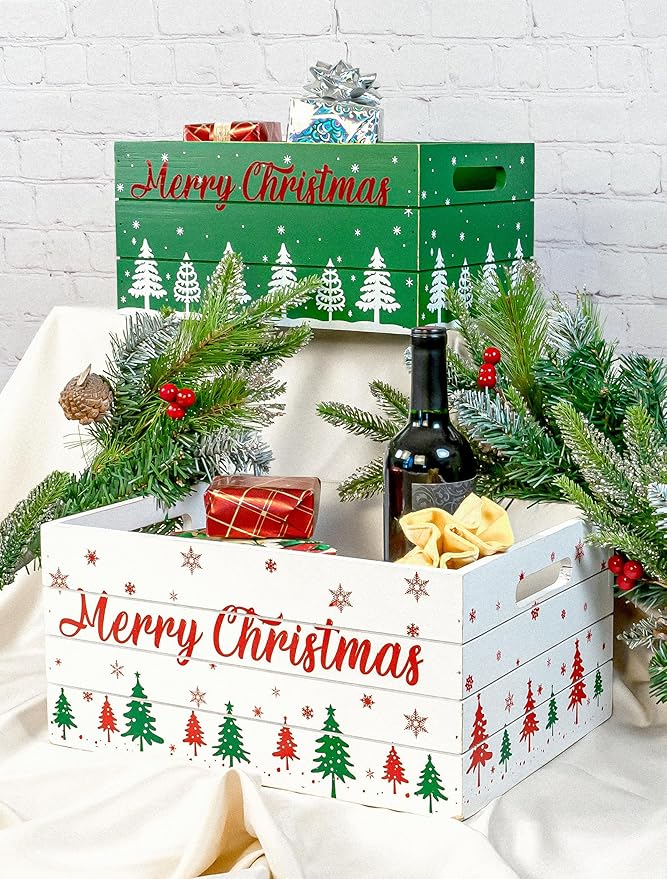 Red Co. Set of 2 White and Green Decorative Nesting Wooden Merry Christmas Storage Crate Organizers with Red Lettering