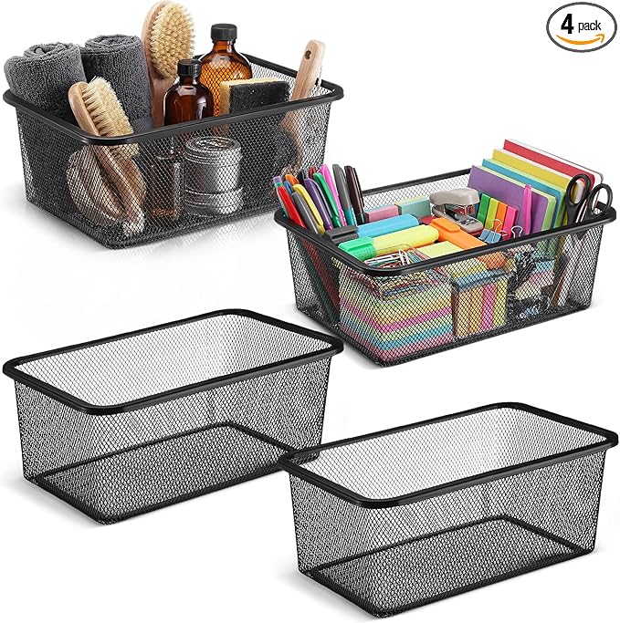 4 Pcs Metal Wire Basket 16.5in Metal Mesh Basket Pantry Organizers Bin Containers for Home Organizing Cabinet Pantry Closet Kitchen Fridge Fruit Makeup Snacks Gifts(Black,Small)