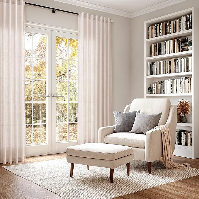 Nanspring Natural White Linen Curtains 90 Inches Long for Living Room Light Filtering Semi Sheer Neutral Farmhouse Decor Curtains Back Tab Privacy Burlap Textured Curtain for Bedroom 52x90, 2 Panels