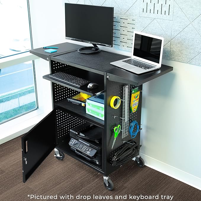 Line Leader Stellar AV Cart - Computer Cart with Customizable Pegboard & Hooks, Locking Cabinet, UL Certified Power, Mobile Workstation with Locking Wheels, Ideal for Laptop & Charger Storage