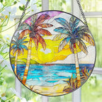 Stained Glass Window Hanging, 8 Inch Beach Sunset Stained Glass Suncatcher, Window Hanging Decor, Beach Lover Home Decor, Seabeach Sunrise Suncatcher, Gift for Mom Grandma