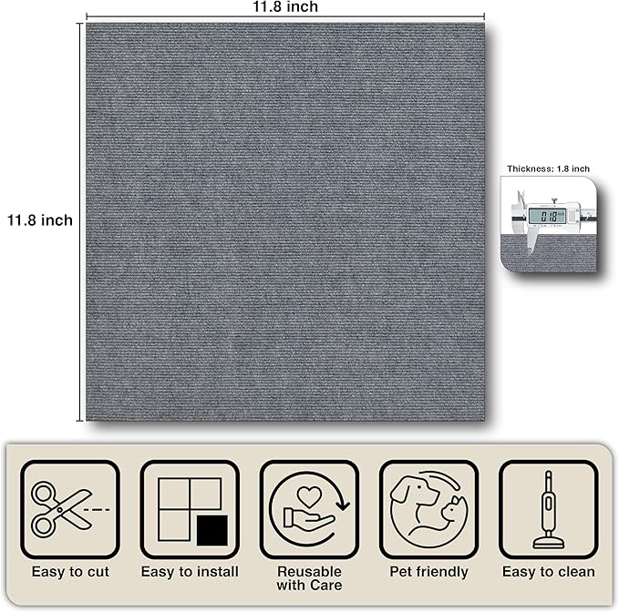 Self-Adhesive Carpet Floor Tiles (20 Pcs) – 12” x 12”, Peel and Stick Square Tiles for Easy Installation, Durable Flooring, Ideal for Home, Office, or Basement Use