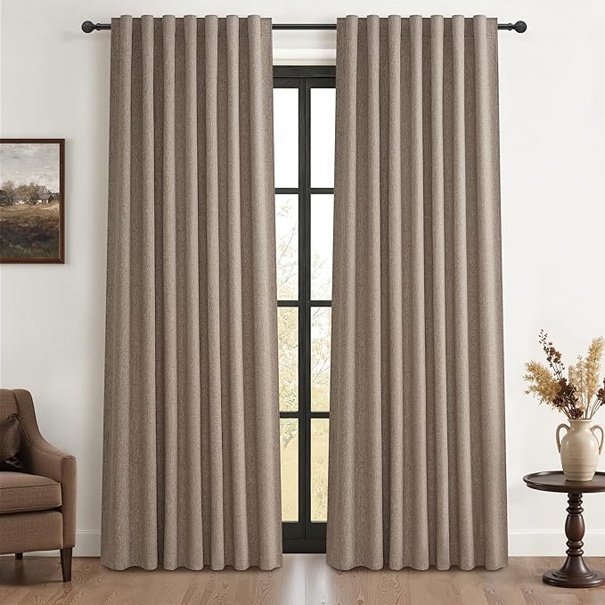Dark Flax 100% Blackout Curtains 84 Inch Length 2 Panels Set Farmhouse Style for Bedroom Windows/Living Room Thermal Insulated Neutral Boho Drapes Linen Blend Chocolate 7ft Long Hook Belt Pleated