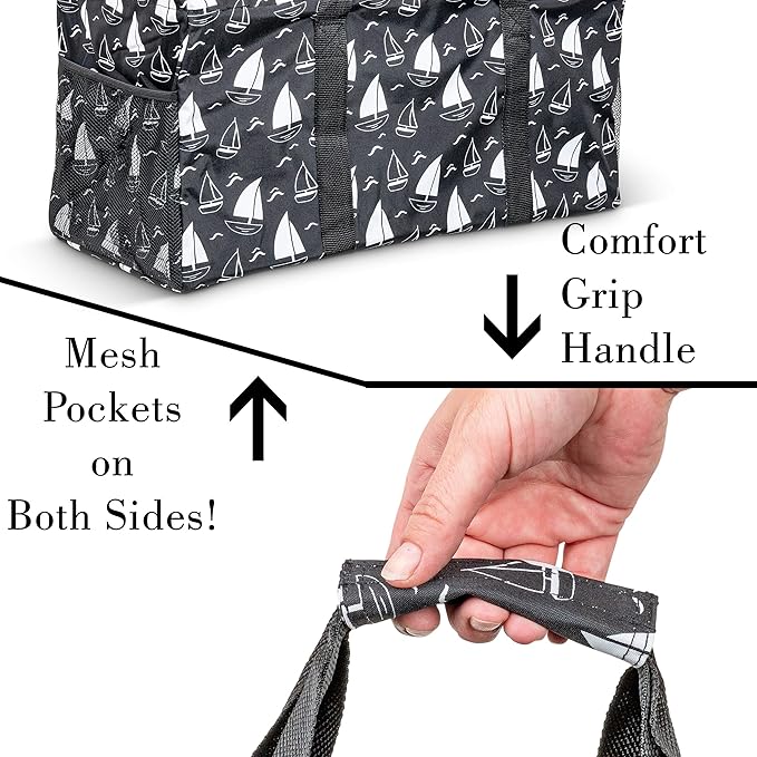 Extra Large Utility Tote Bag - Oversized Collapsible Reusable Wire Frame Rectangular Canvas Basket With Two Exterior Pockets For Beach, Pool, Laundry, Car Trunk, Storage - Sailboat