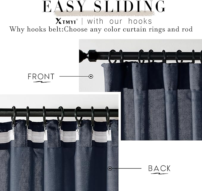 XTMYI Indigo Blue Curtains 108 Inches Long for Living Room 2 Panels Set Back Tab Hook Pleat Linen Extra Long Sheer Curtain Drapes for Dining Room,Total Wide 100 x 108 Inch Length,Dark Navy