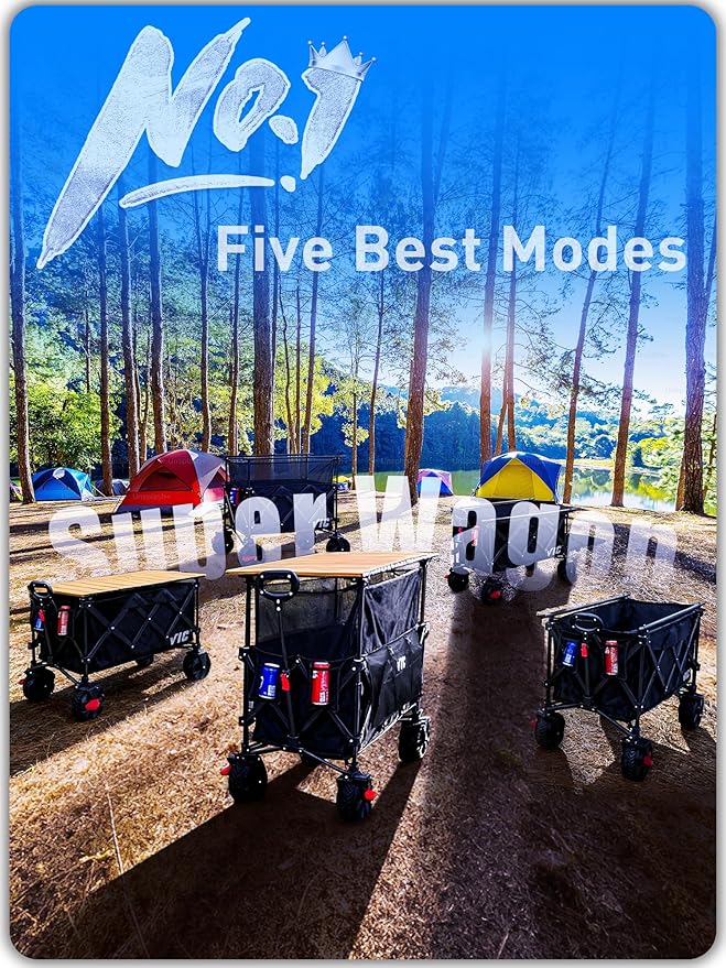 VIC 680lbs Super Cart & Table 1=5 Set, 480L Mega Capacity 54" Extra Long Double Decker Folding Wagon, Heavy Duty Collapsible Carts with Brakes, All-Terrain Big Wheels for Camping, Store, Shopping