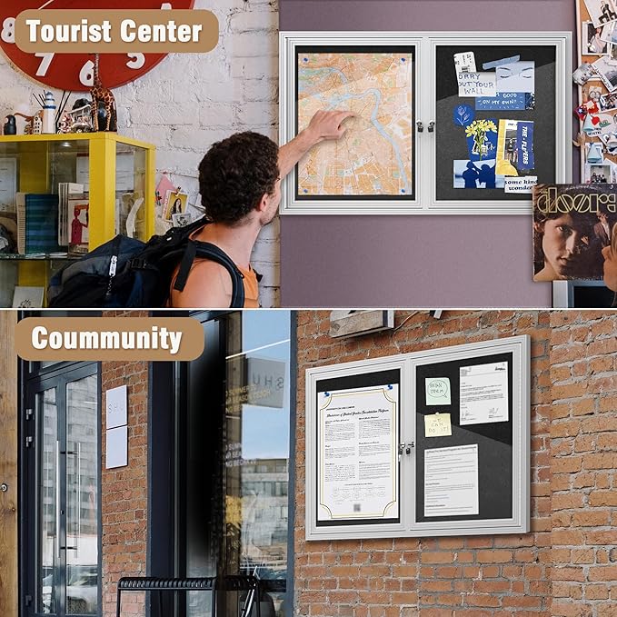 Mifuro 48"x30" Enclosed Bulletin Board, Outdoor Lockable Weather-Resistant Aluminum Cork Noticeboard for School & Office, Silver Frame w/Black Flet