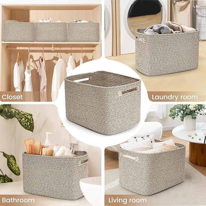 Shelf Woven Storage Basket, 15 x 10 x 9” Closet Rope Baskets For Organizing, Square Bins with Handles, Brown