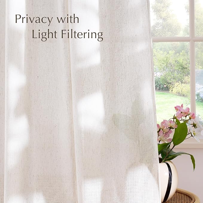 NICETOWN Natural Linen Cream 108 inches Long Curtains, Pleat Tab Privacy Added Curtains & Drapes with Light Filtering Window Treatments for Living Room/Bedroom, W52 x L108, 2 Panels