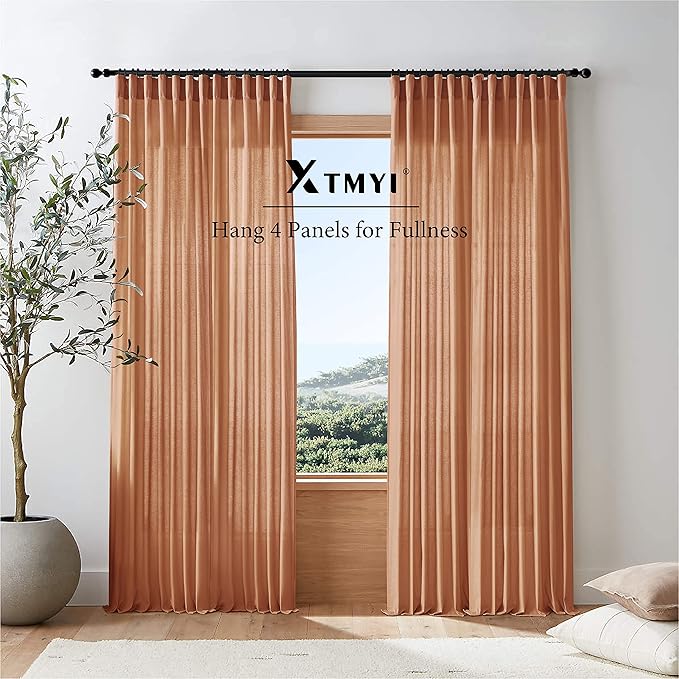 XTMYI Terracotta Vintage Boho Curtains, Rust Colored Linen Sheer Rustic Farmhouse Western Curtains for Bedroom Living Room Home Decor, 84 Inches Long, 2 Panels Set
