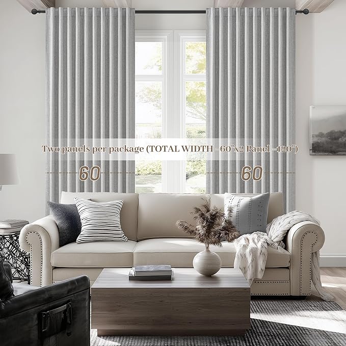 Grey Curtains 60 Inch Length Wide Pleated Blackout Curtain for Sliding Glass Door/Living Room, Farmhouse Linen Thick Boho Bedroom Heavy Insulated Large Window Drapes (60" Wx90 Lx2Panels)