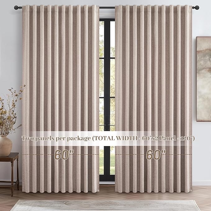 Extra Wide 60 Inch Blackout Curtains 96 Inches Long for Living Room, Rustic Boho Room Darkening Textured Linen Pleated Office Insulated Ceiling Track Large Window Drapes (60"W x 96"L 2 Panels Linen)