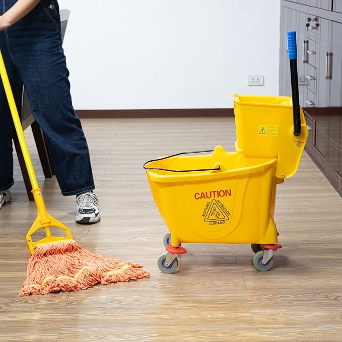 Matthew Cleaning 34 Quart Commercial Mop Bucket INCL.Wet String Mop with Side Press Wringer On Wheels,Heavy Duty Tandem Portable Floor Cleaning Wavebrake,Ideal for Household,Industrial,Restaurant