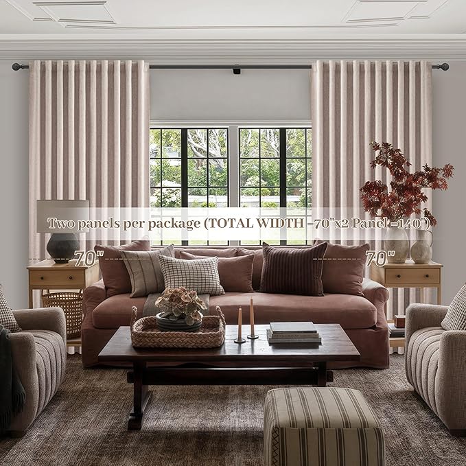 Extra Wide 70 Inch Blackout Curtains 96 Inches Long for Living Room, Rustic Boho Room Darkening Textured Linen Pleated Dining Room Insulated Ceiling Track Window Drapes 70"W x 96"L 2 Panels