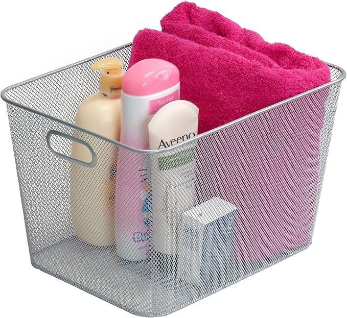 YBM Home Mesh Wire Storage Basket for Shelves, Pantry Organization, and Kitchen - Multipurpose Steel Wire Basket Holder Bin for Organizing Office Supplies, Household Toiletries and Laundry Supplies