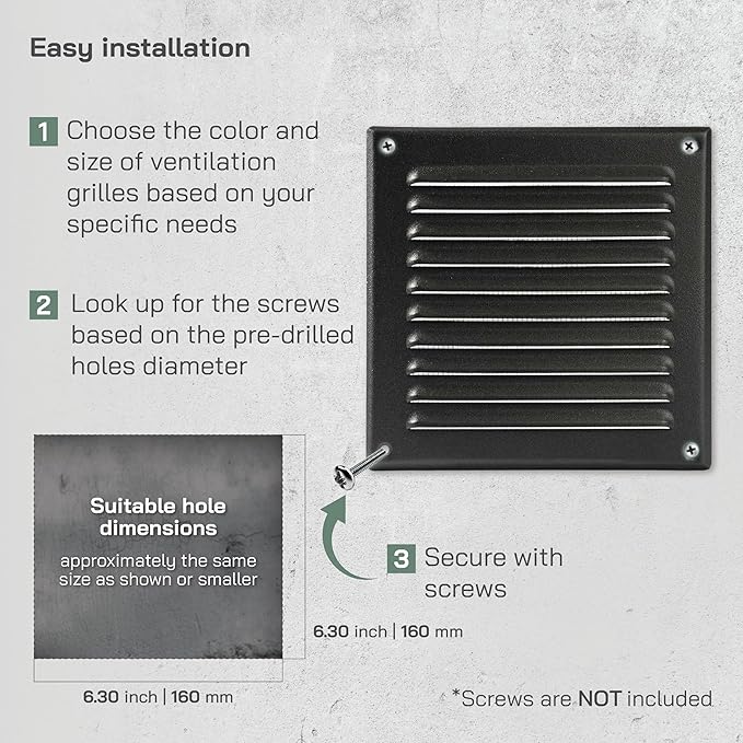 Vent Systems 6 x 6 Inch (Inner) Black Vent Cover - Square Metal HVAC Return Air Grille with Mesh Screen - Register Wall Vent Duct Grill - Outdoor, Indoor, Crawlspace - Exhaust Ventilation Grill