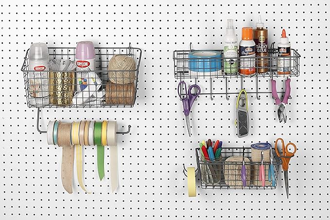 Spectrum Pegboard & Wall Mount Wire Basket With 8-Hook Station (Industrial Gray) - Storage & Organizer For Garage, Tools, Shed, Home, Work Bench, Crafts, & More
