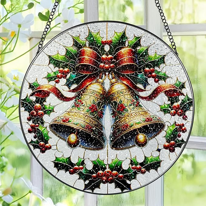 Stained Glass Window Hanging, Pauyadu Sun Catchers Indoor Window, Bells Christmas Suncatcher, Christmas Home Decor, Festive Gifts for Friends, Neighbor - 8 Inch