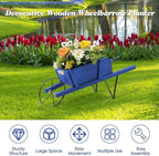 Wooden Wagon Planter, Flower Cart Display Stand w/Metal Wheels & Removable Magnetic Decoration, Wagon Decorative Garden Planter for Plants & Seasonal Displays, Pine Wood (Blue)