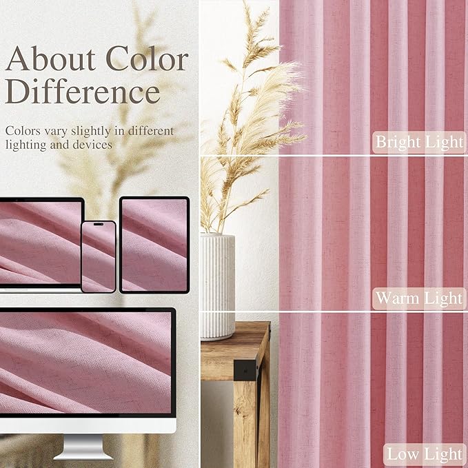 Linen Look Rose Curtains 84 Inch Long 2 Panel Set with Back Tab Rod Pocket Light Filtering Privacy Semi Sheer Textured for Neutral Farmhouse Style Bedroom and Living Room 52x84