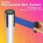 DuraSteel Crowd Control Barriers Line Dividers - Silver Stanchion Stainless Steel Posts with 6.5ft Blue Retractable Belt Ropes - for Store Queues, Airport Lines, Event Entries - 2 Set/Pack