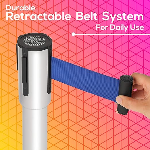DuraSteel Crowd Control Barriers Line Dividers - Silver Stanchion Stainless Steel Posts with 6.5ft Blue Retractable Belt Ropes - for Store Queues, Airport Lines, Event Entries - 2 Set/Pack