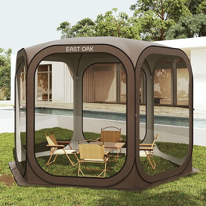 East Oak Screen House Tent Pop-Up, Portable Screen Room Canopy Instant Screen Tent 10 x 10 FT with Carry Bag for Patio, Backyard, Deck & Outdoor Activities, Brown