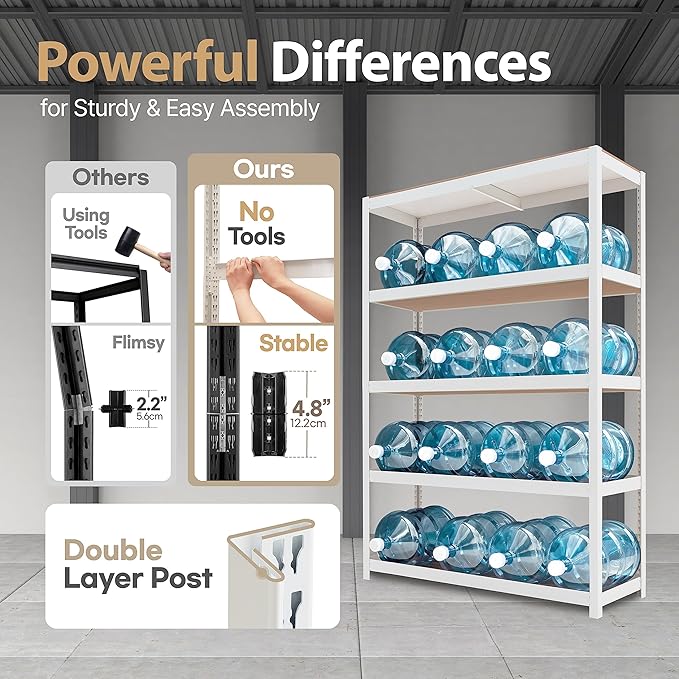 HOMEDANT House 5 Tier Laminated Metal Shelving Unit Adjustable Storage Utility Rack Heavy Duty Shelves Organization Multipurpose Shelf Kitchen Garage Pantry Closet (2, (XL Deep) 48.1" W, White)