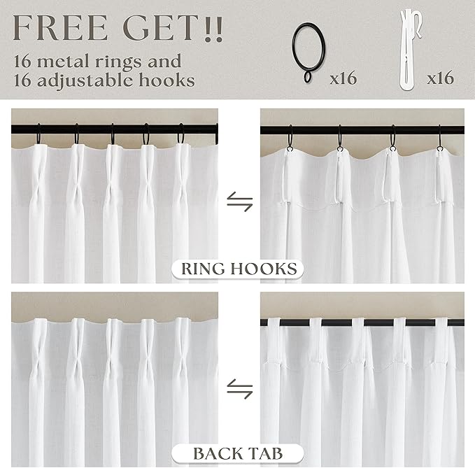 Snow White Pinch Pleated Linen Curtains 92 Inches Long 2 Panels for Living Room Bedroom Memory Training Shaped Semi Sheer Pleat Drapes with Hooks Rings Light Filtering Window Curtain 40x92