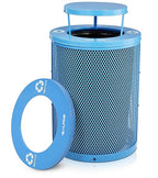 Alpine Outdoor Trash Can 36 Gallon Diamond Steel Commercial Metal Waste Bin with Leak Proof Liner, Heavy Duty Steel Mesh Design, Rain Bonnet Lid & Flat Lid for Parks, Streets, and Public Spaces-Blue