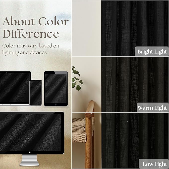Pinch Pleated Black Linen Curtains 96 Inches Long for Living Room Bedroom Light Filtering Boho Window Drape 96 Inch 2 Panels with Hooks Rings 8ft Black Sliding Glass Door Semi Sheer Curtain