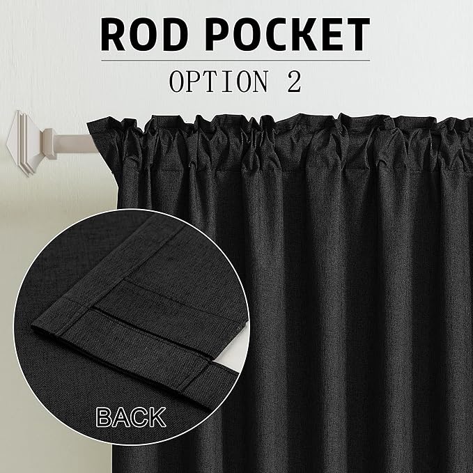 DUALIFE Black Linen Blackout Curtains 132 Inch Length 2 Panels Set Burg for Living Room Bedroom Back Tab Thermal Insulated 100% Black Out Linen Drapes 11 ft Window Curtains 132 Inches Long