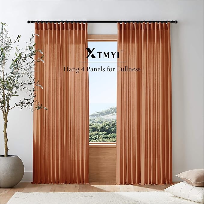 XTMYI Fall Curtains for Living Room,Back Tab Hooks Pleated Linen Sheer Burnt Orange Curtains 96 Inches Long for Bedroom Set 2 Panels