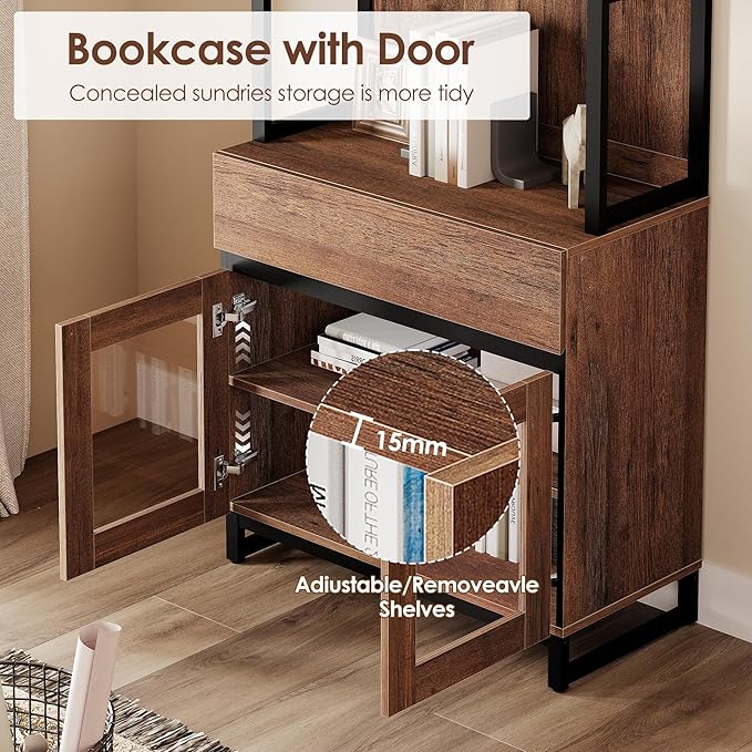 WAMPAT Modern 72" Tall Bookcase with Drawer and Open Book Shelfs, Library Book Shelf with Glass Doors Storage Cabinet, Wood Freestanding Bookshelf for Home Office, Living Room, Brown