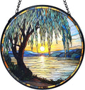 TNUW Willow Tree Stained Glass Window Hanging, Nature Sunset Weeping Willow Tree Sun Catchers Indoor Window Glass Round Wall Art Decor, Nature Landscape Wall Hanging Decorations, 7.9＂x7.9＂